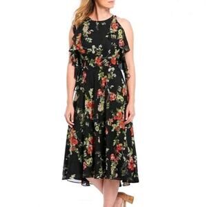 Alex Marie Laurel Red Romantic Floral Chiffon Floral Butterfly Ruffle Midi Dress